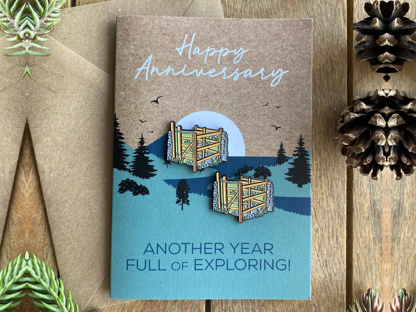 Hiking Footpath Anniversary Card for Walking Couple with keepsake Enamel Pin Badge