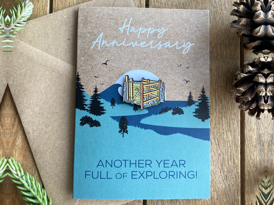 Hiking Footpath Anniversary Card for Walking Couple with keepsake Enamel Pin Badge - WanderbugUK