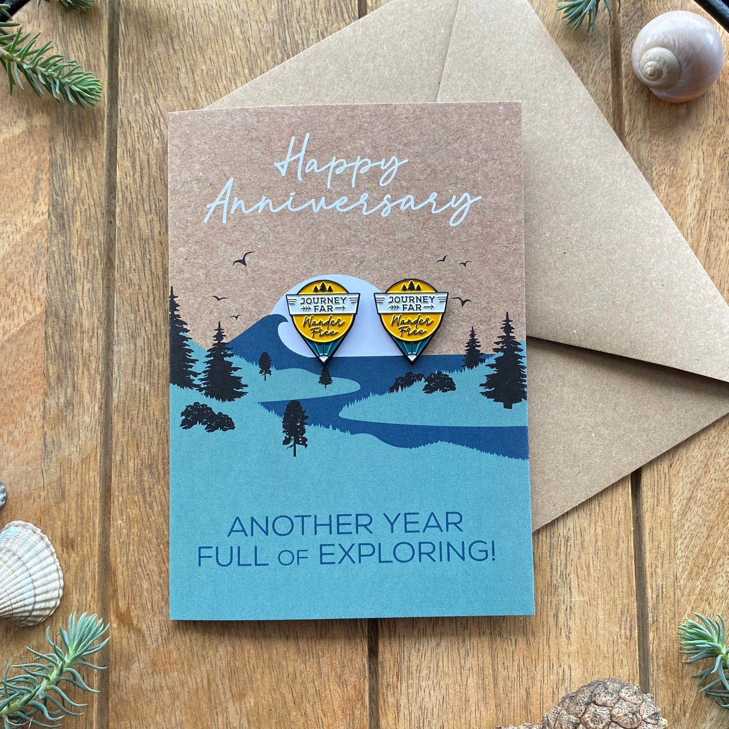 Adventure Anniversary Card for Travel Couple with keepsake Enamel Pin Badge - WanderbugUK
