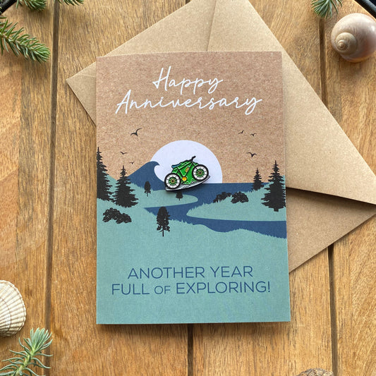 MTB Mountain Biking Anniversary Card for Travel Couple with keepsake Enamel Pin Badge - WanderbugUK