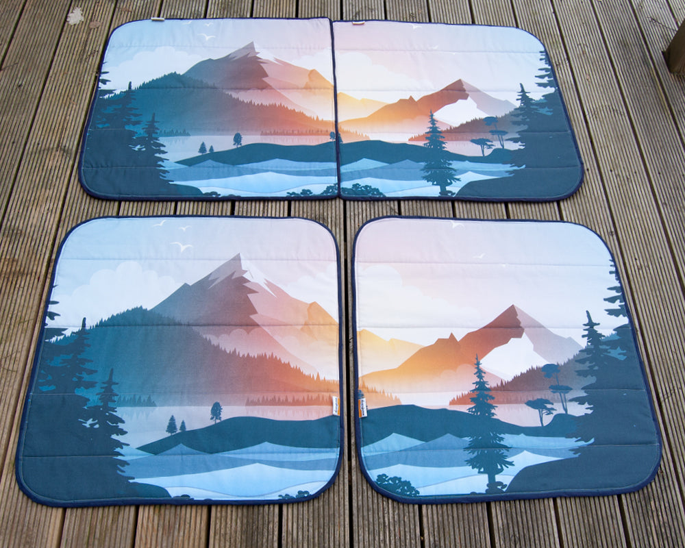 VW Transporter T4 Rear Barn Door Window Blind Mat Cover Set - Mountain View - WanderbugUK