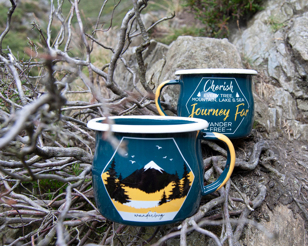 Journey Far Camping Travel Enamel Mug - Teal - WanderbugUK
