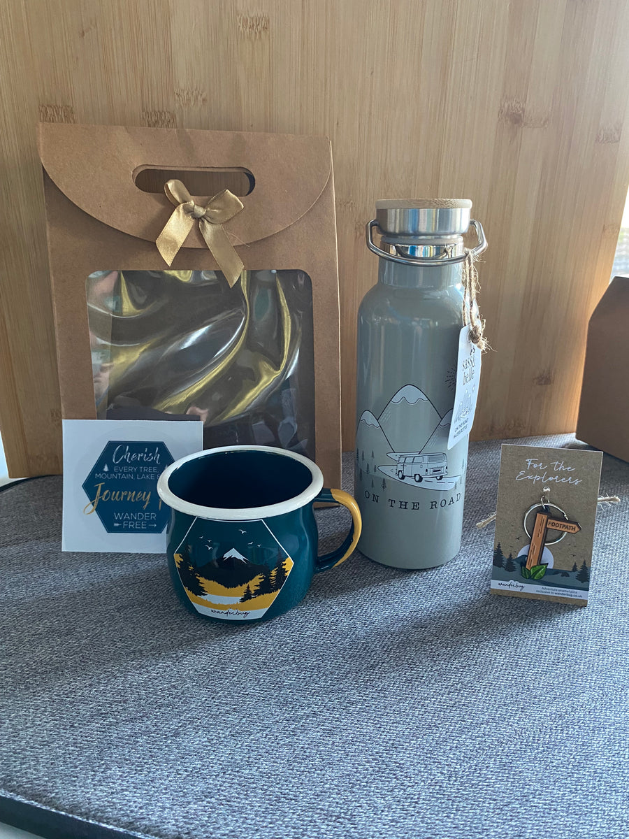 Campervan Gift Box Hamper Set Enamel Mug, Sass & Belle water bottle