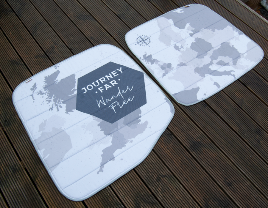 Larger Vans - Rear Barn Door Campervan Window Blind Cover Set - Map (Journey Far) - WanderbugUK