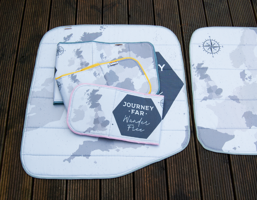 Larger Vans - Rear Barn Door Campervan Window Blind Cover Set - Map (Journey Far) - WanderbugUK