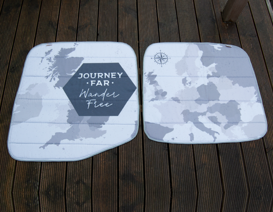 Smaller Vans - Rear Barn Door Campervan Window Blind Cover Set - Map (Journey Far) - WanderbugUK
