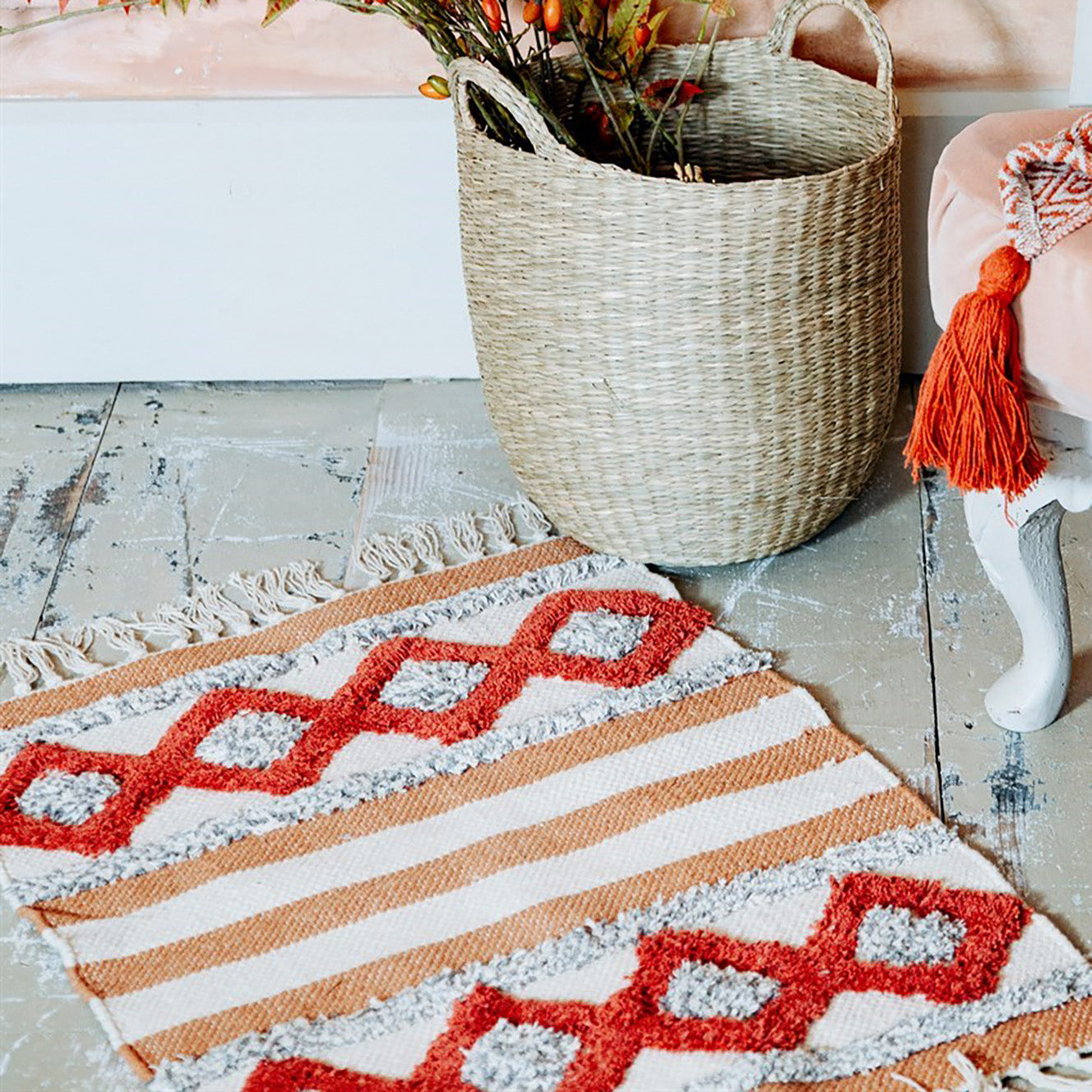 Sass & Belle Scandi Boho Tufted Campervan Rug - Orange/Pink/Grey - WanderbugUK