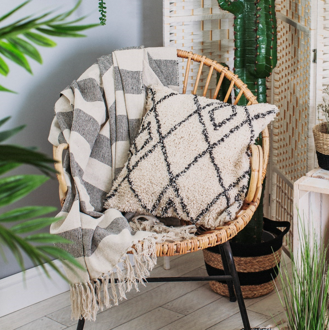 Sass & Belle Scandi Berber Diamonds Tufted Cushion - Black/White/Ivory - WanderbugUK