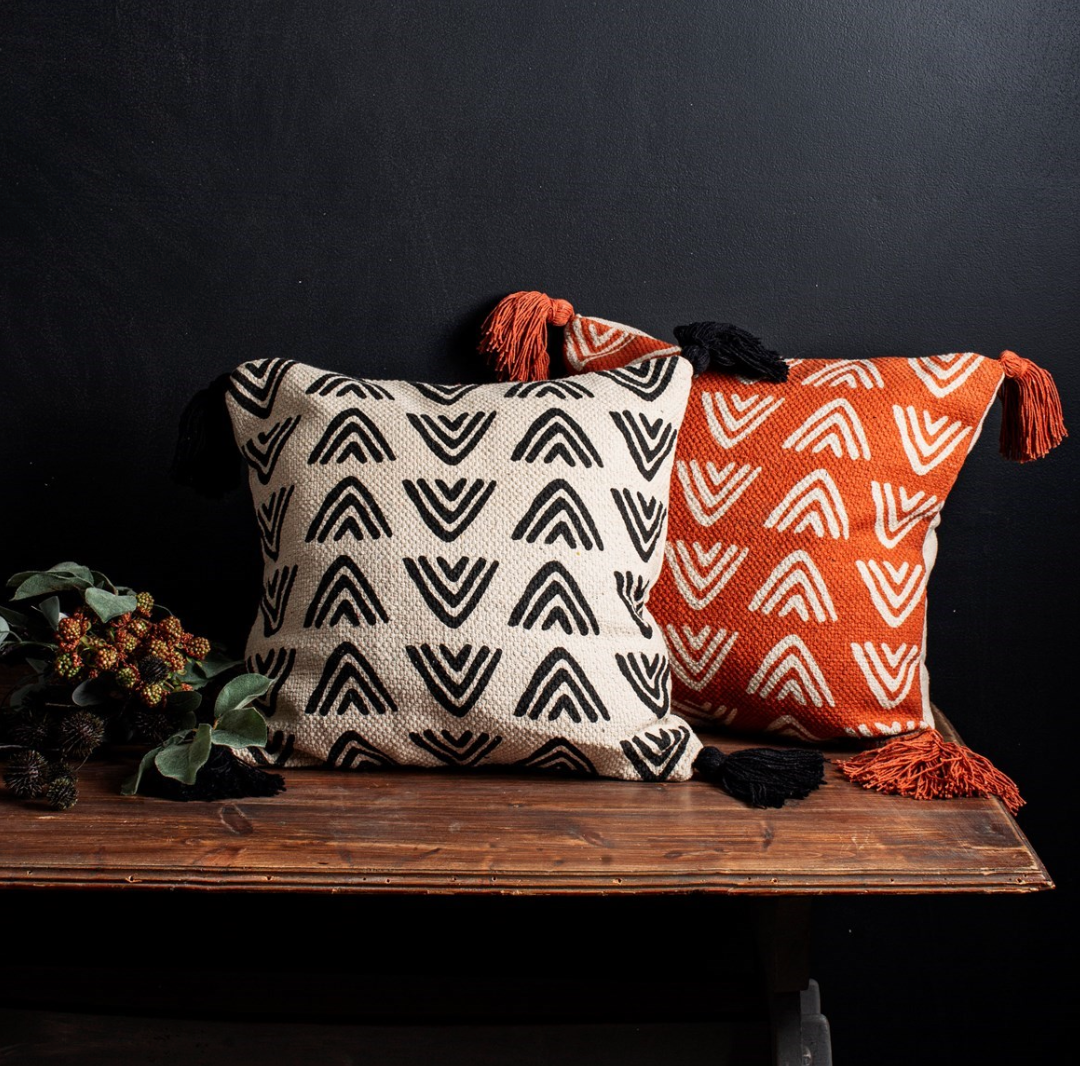 Sass & Belle Boho Nomad Triangles Block Print Cushion - Black/Cream - WanderbugUK