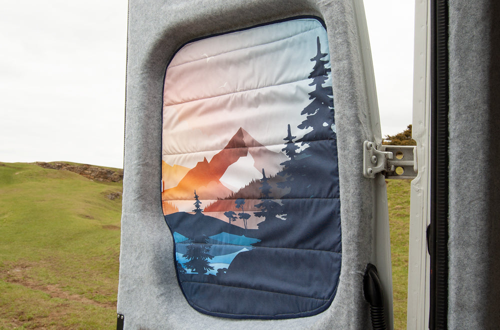 Larger Vans - Rear Barn Door Campervan Window Blind Cover Set - Mountain View - WanderbugUK