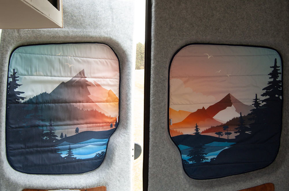 Larger Vans - Rear Barn Door Campervan Window Blind Cover Set - Mountain View - WanderbugUK