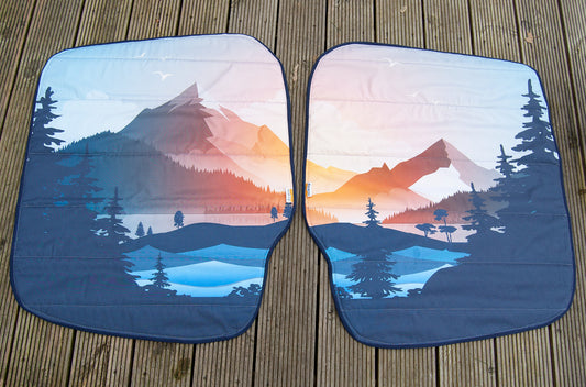 Larger Vans - Rear Barn Door Campervan Window Blind Cover Set - Mountain View - WanderbugUK