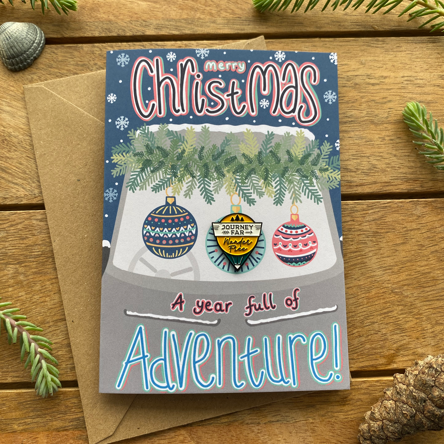 Campervan Adventure Christmas Card with keepsake Travel Enamel Pin Badge