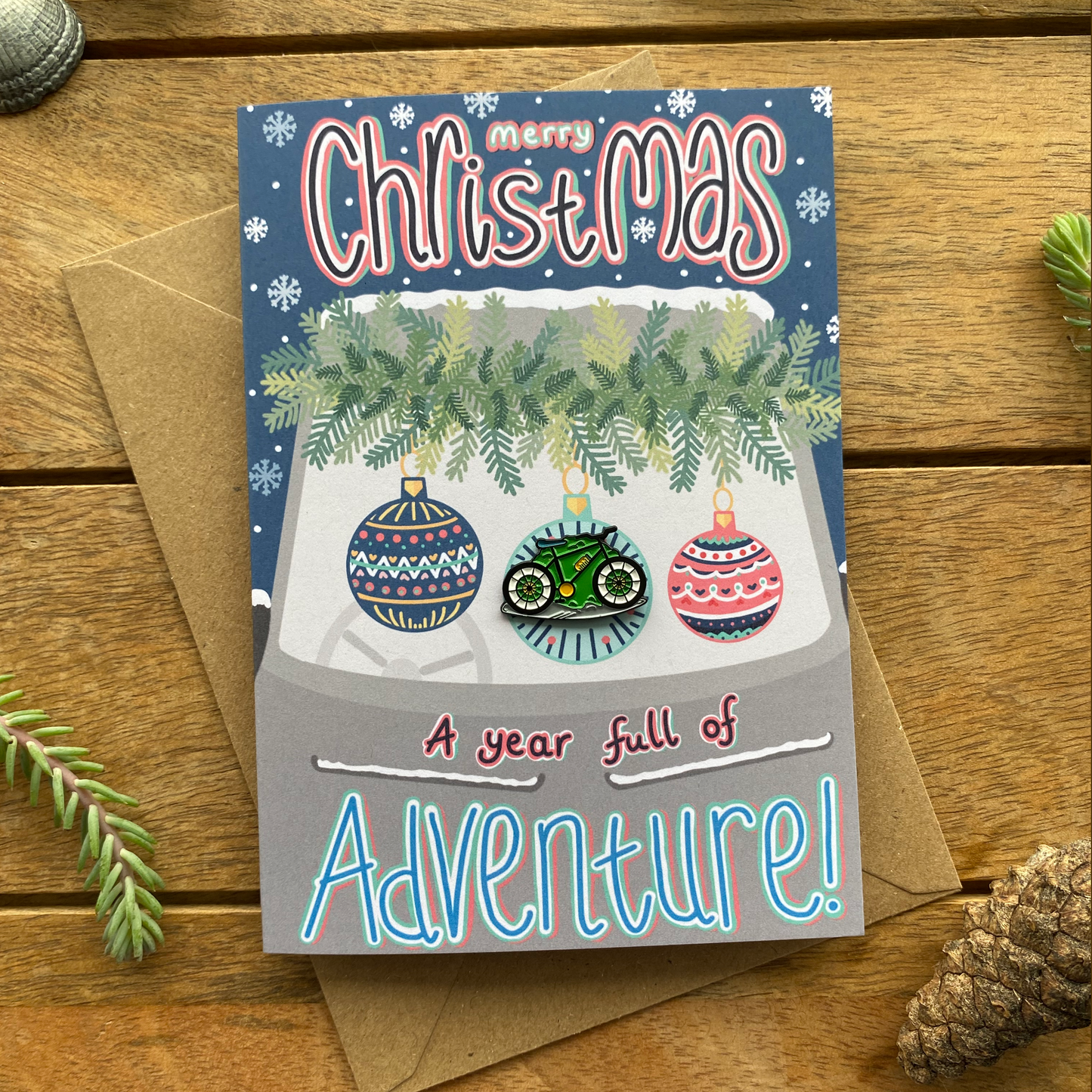 MTB Mountain Biking Campervan Christmas Card with keepsake Enamel Pin Badge