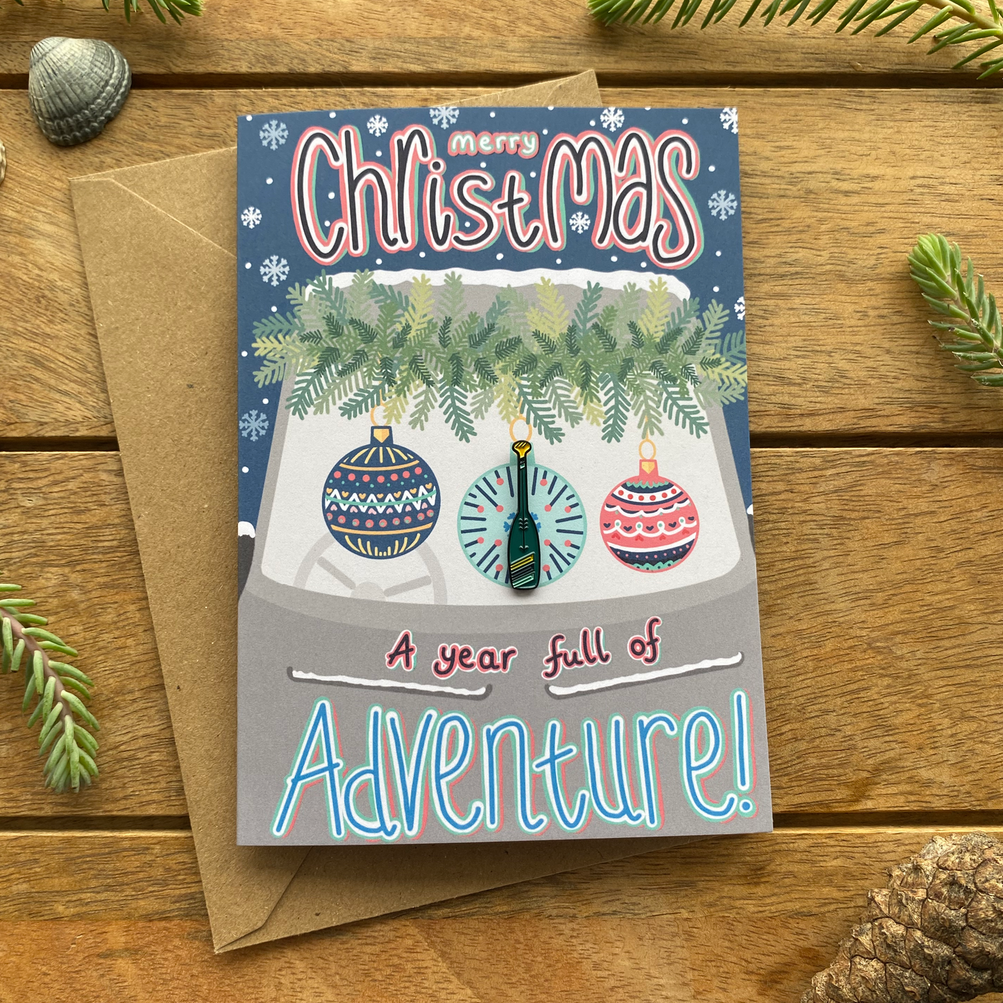 Paddle | Canoe | SUP Campervan Christmas Card with keepsake Enamel Pin Badge