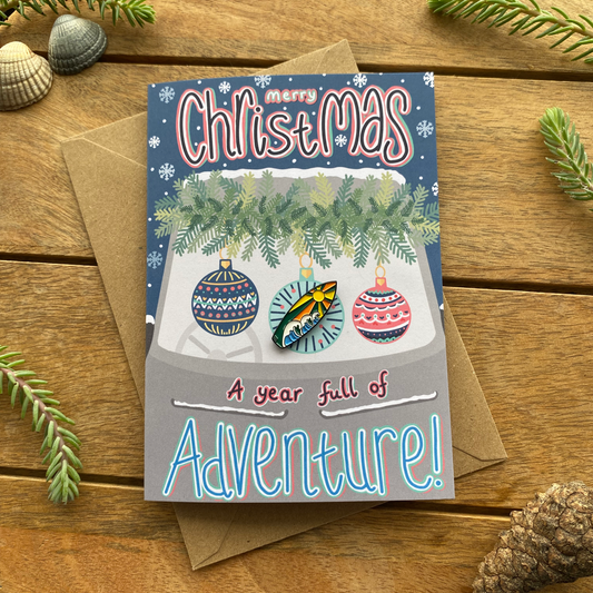 Surfing Surfboard Campervan Christmas Card with keepsake Enamel Pin Badge