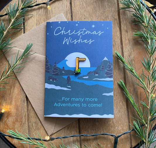 Hiker Explorer Footpath Christmas Card with keepsake Enamel Pin Badge