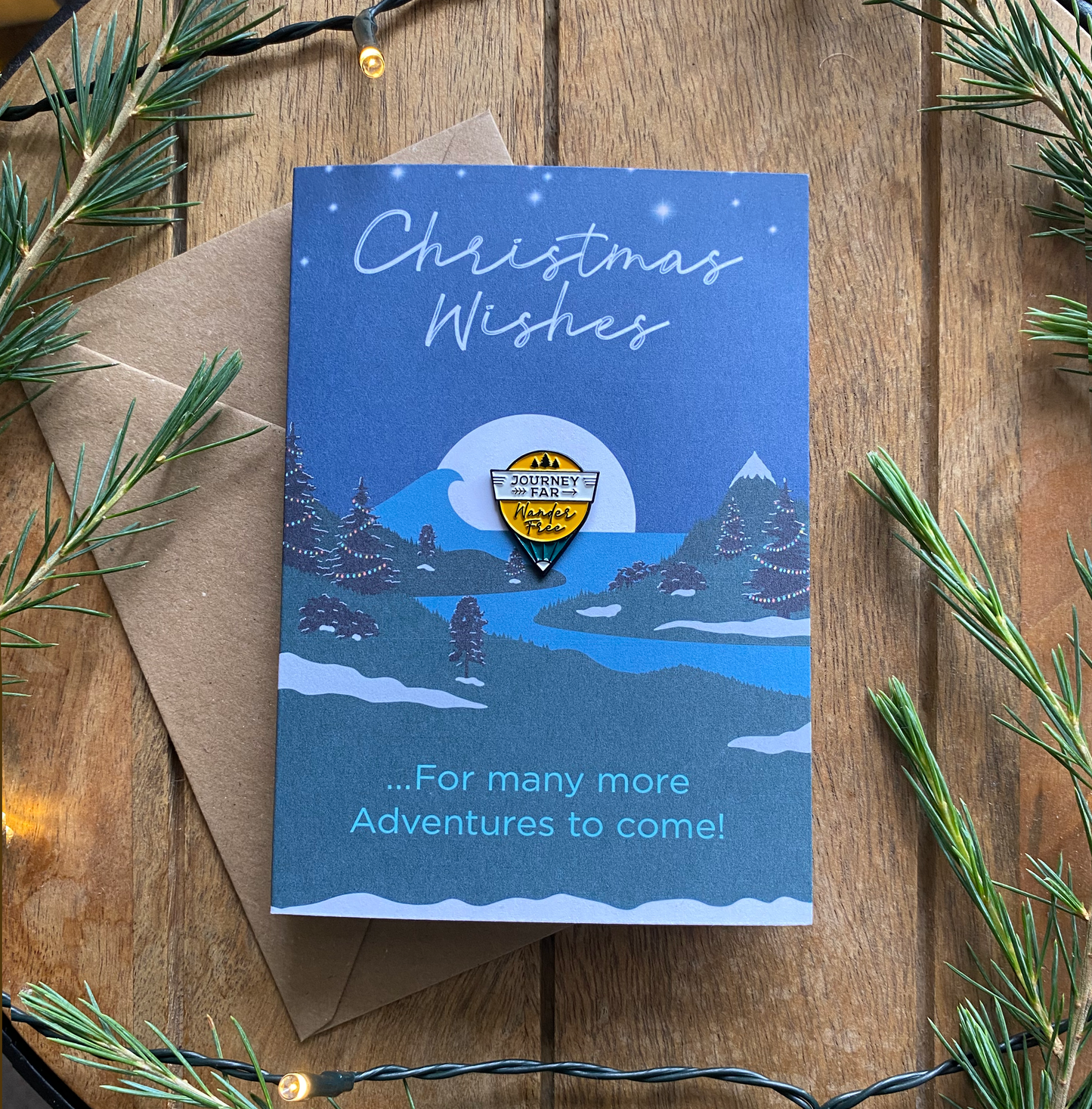 Adventure Christmas Card with keepsake Travel Enamel Pin Badge