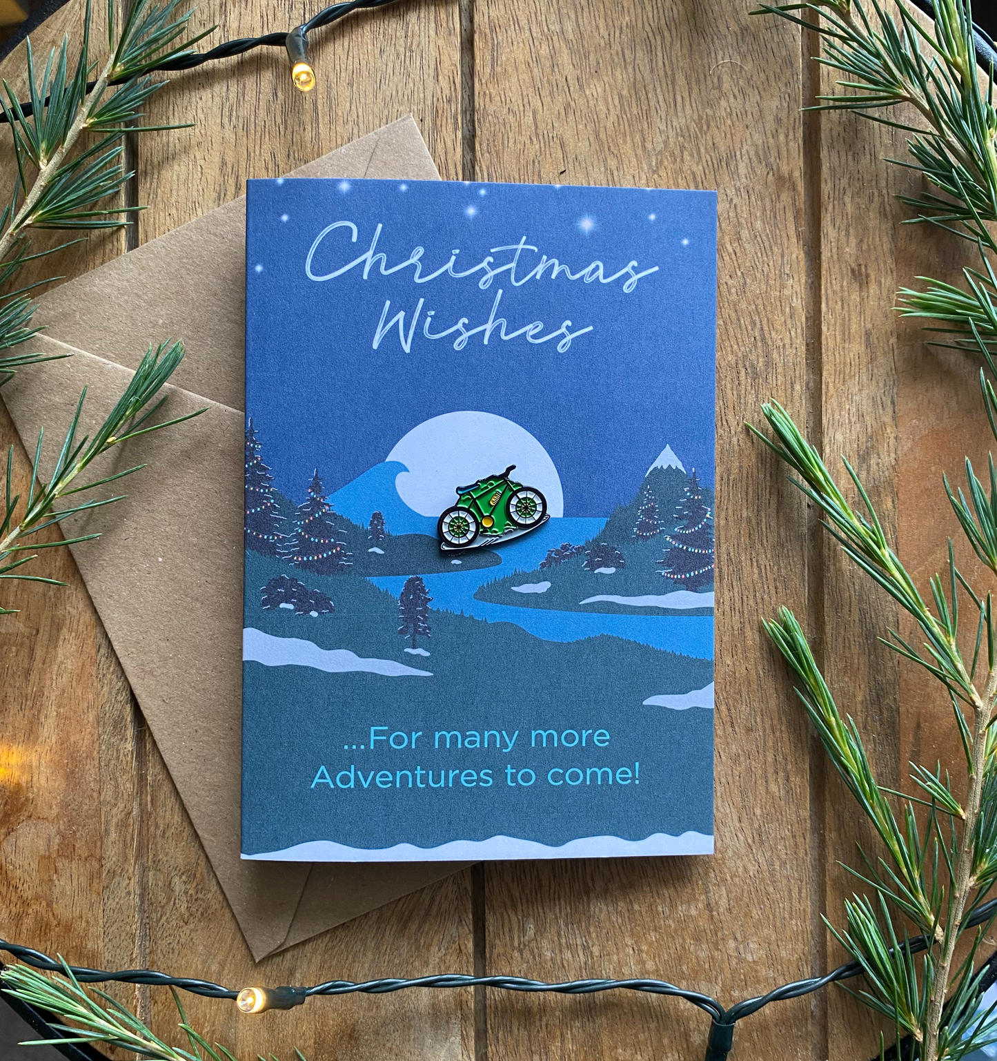 MTB Mountain Biking Christmas Card with keepsake Enamel Pin Badge