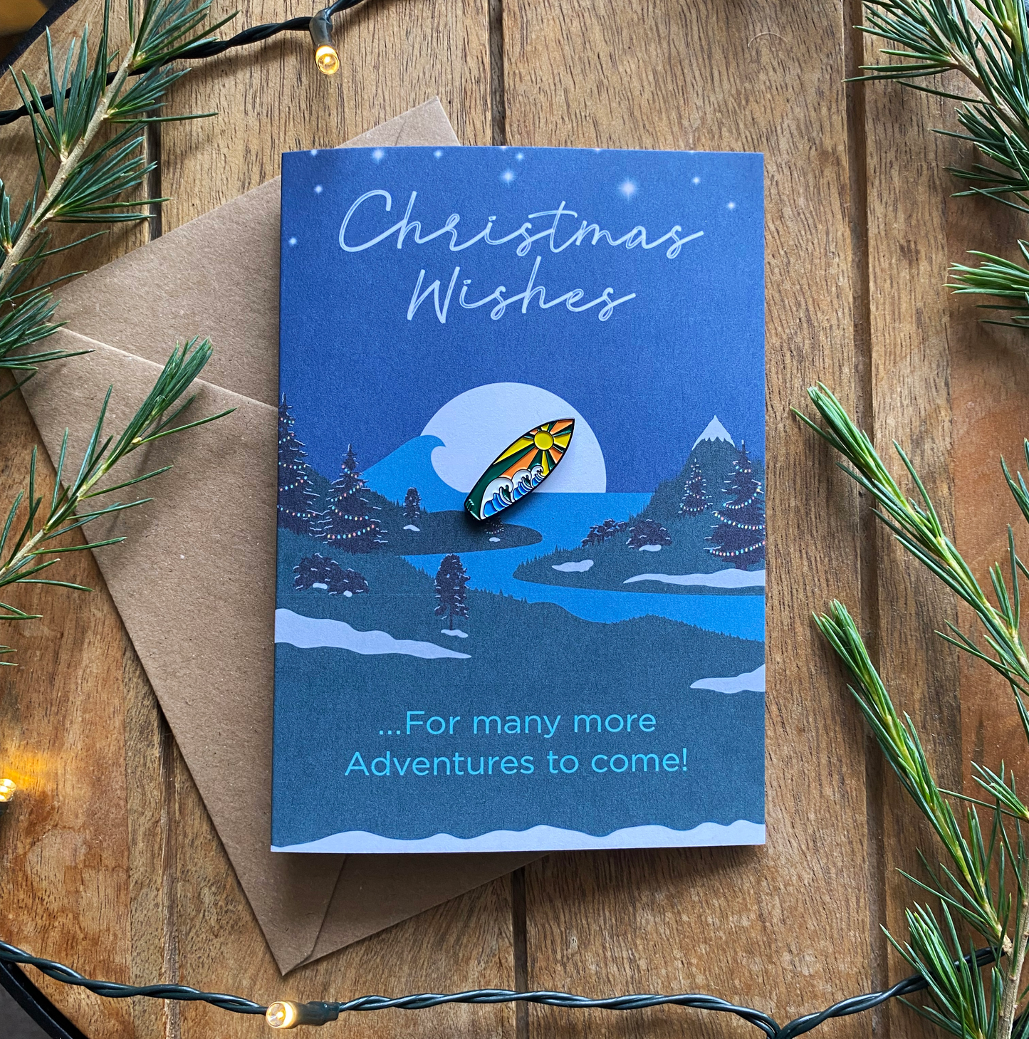 Surfing Surfboard Christmas Card with keepsake Enamel Pin Badge