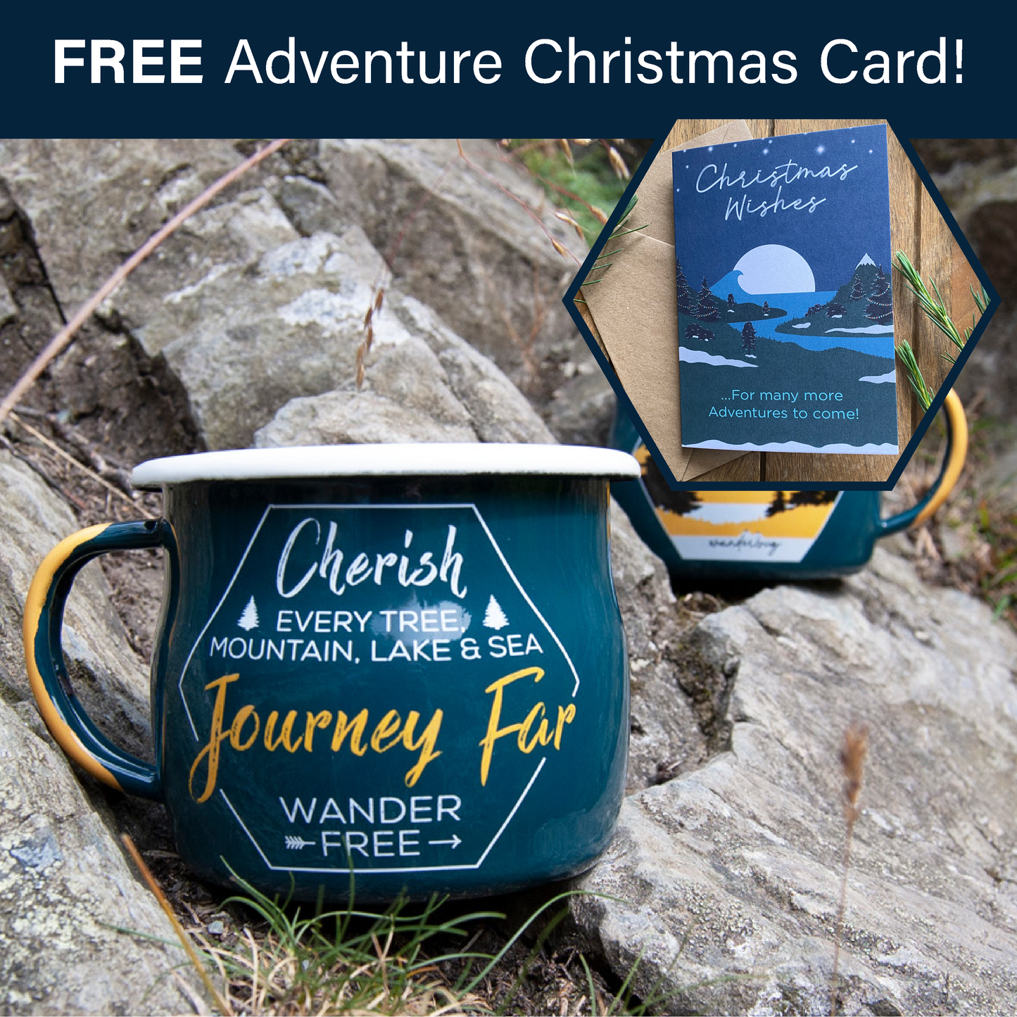 Campervan Adventure Enamel Camping Mug with bellied shape in teal and yellow