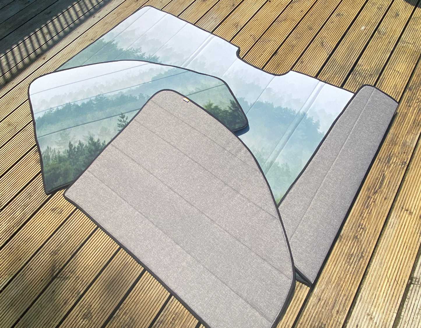 Campervan Cab Door Window Cover Pair - Misty Forest outer facing, Tweed grey inner facing - WanderbugUK
