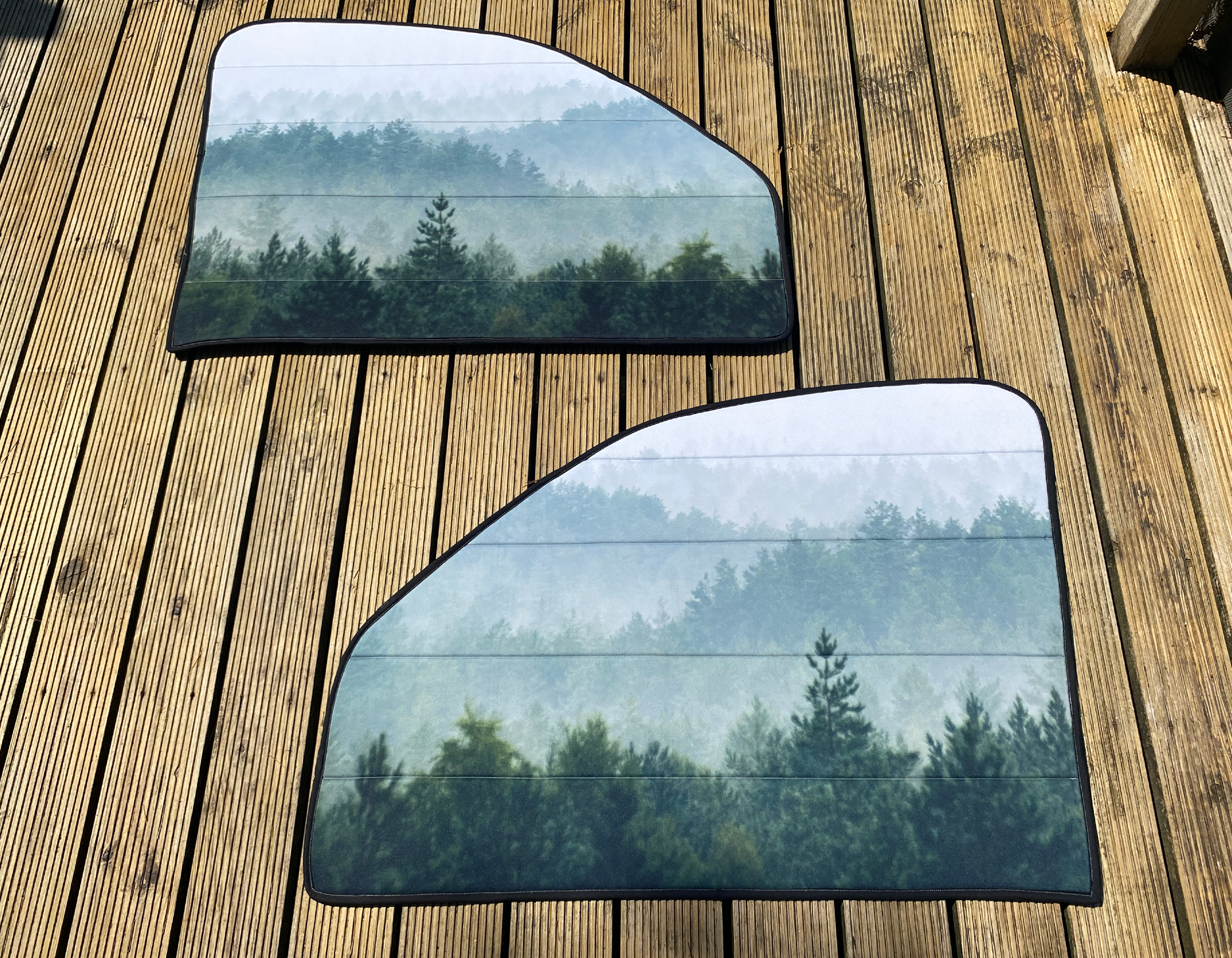 Campervan Cab Door Window Cover Pair - Misty Forest outer facing, Tweed grey inner facing - WanderbugUK