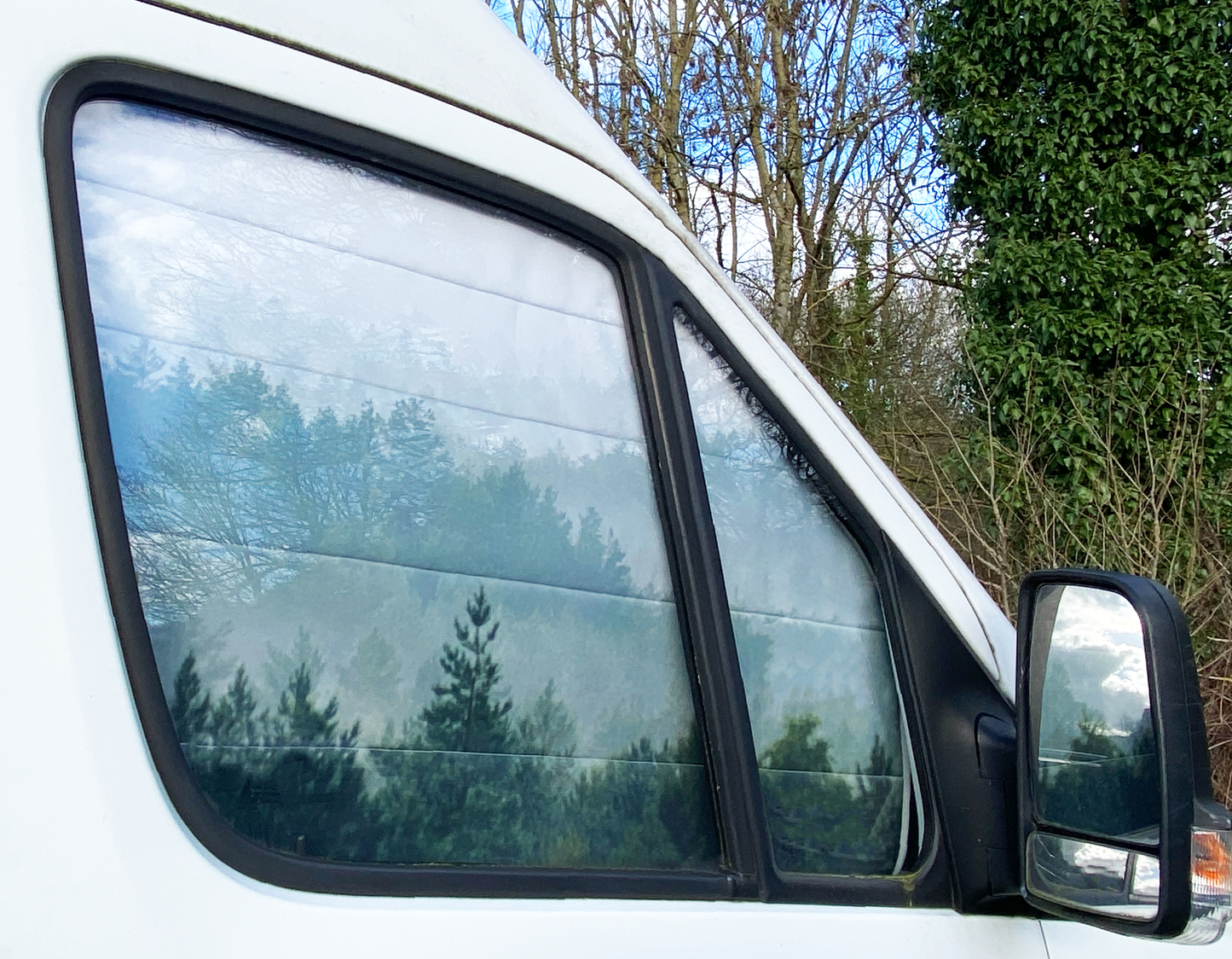 READY TO SHIP - 1 x VW Volkswagen Crafter 2018 onwards Windscreen and Cab door Cover Full Set - Tweed Grey inner, Misty Forest outer - WanderbugUK