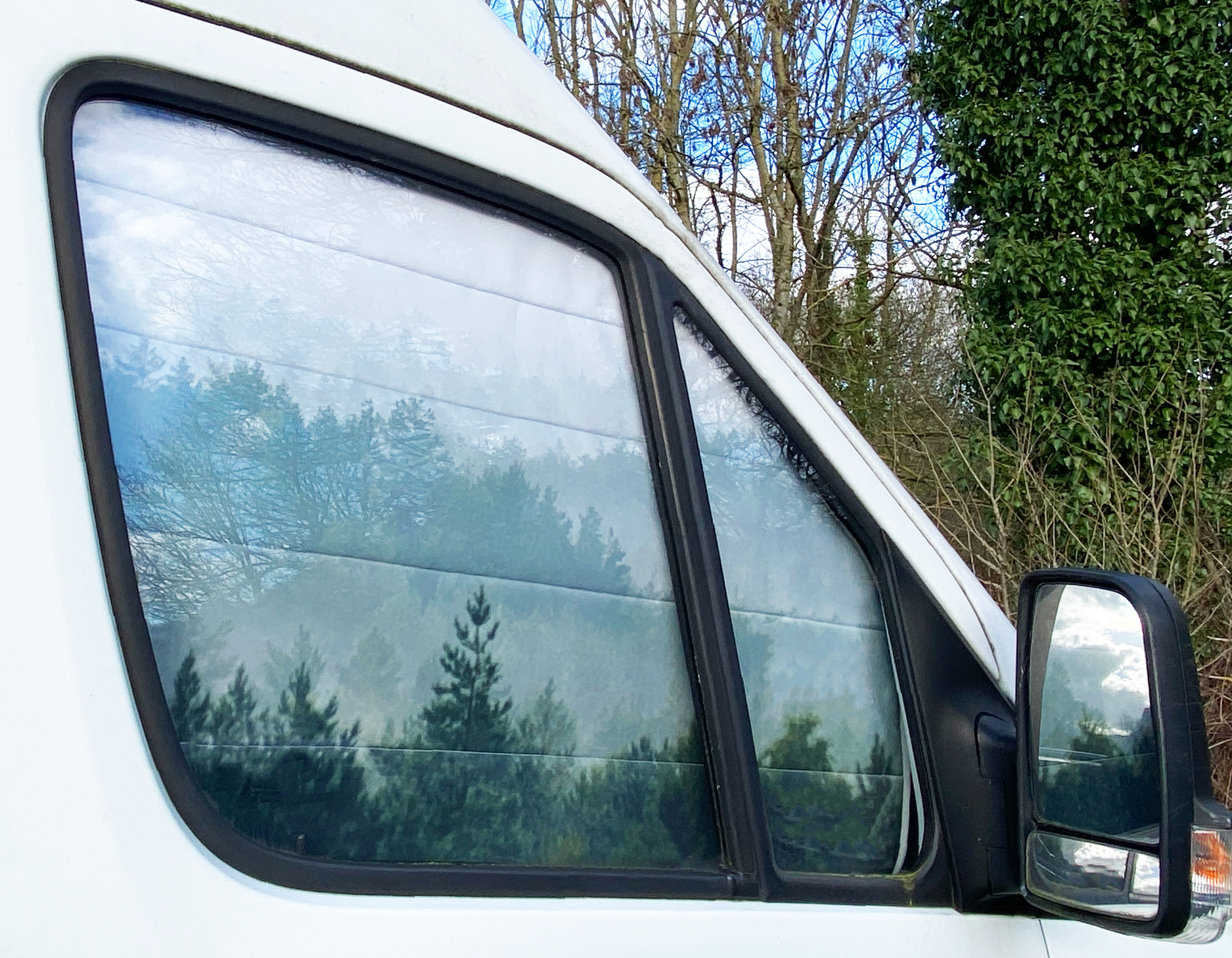 Campervan Cab Door Window Cover Pair - Misty Forest outer facing, Tweed grey inner facing - WanderbugUK