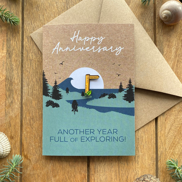 Hiking Footpath Anniversary Card for Walking Couple with keepsake Enamel Pin Badge - WanderbugUK