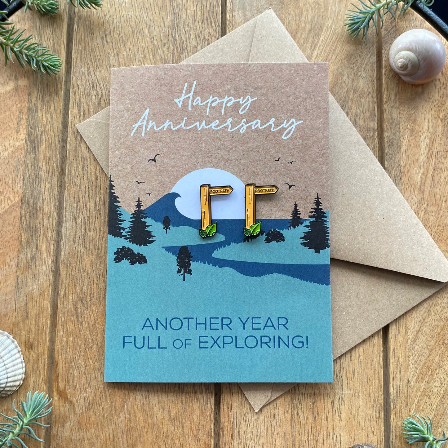 Hiking Footpath Anniversary Card for Walking Couple with keepsake Enamel Pin Badge - WanderbugUK