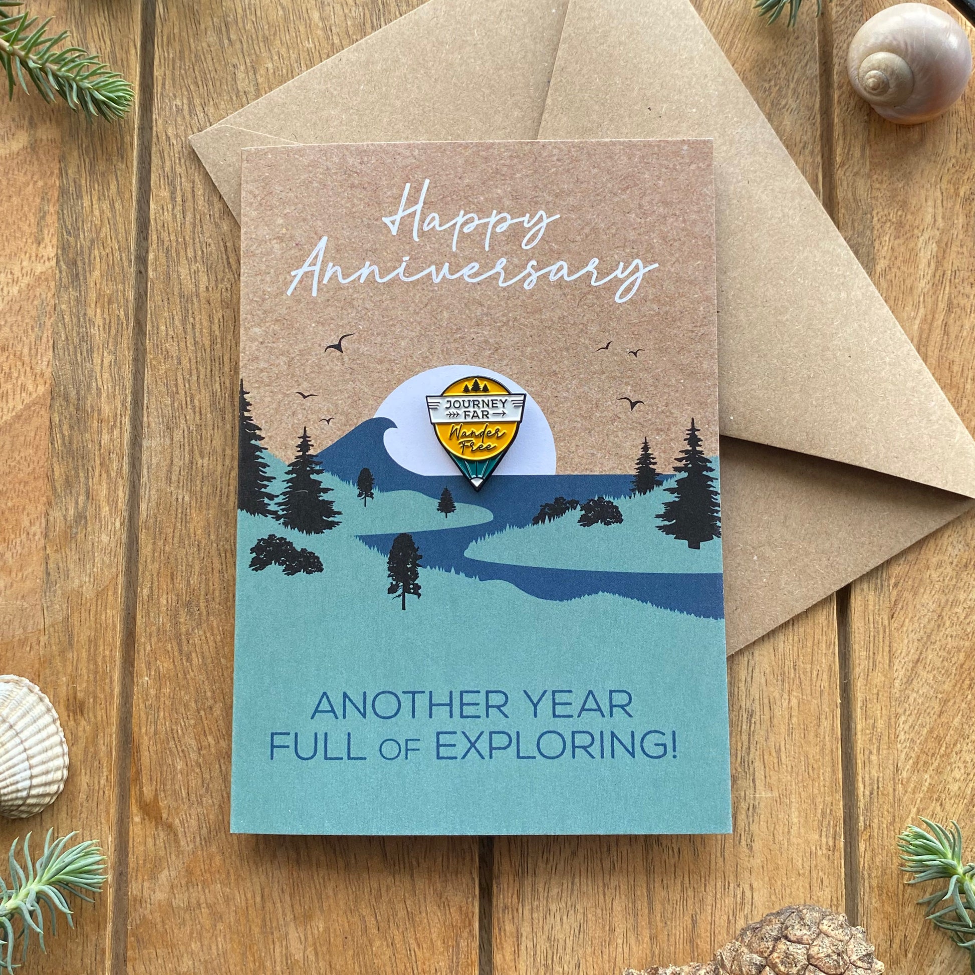 Adventure Anniversary Card for Travel Couple with keepsake Enamel Pin Badge - WanderbugUK