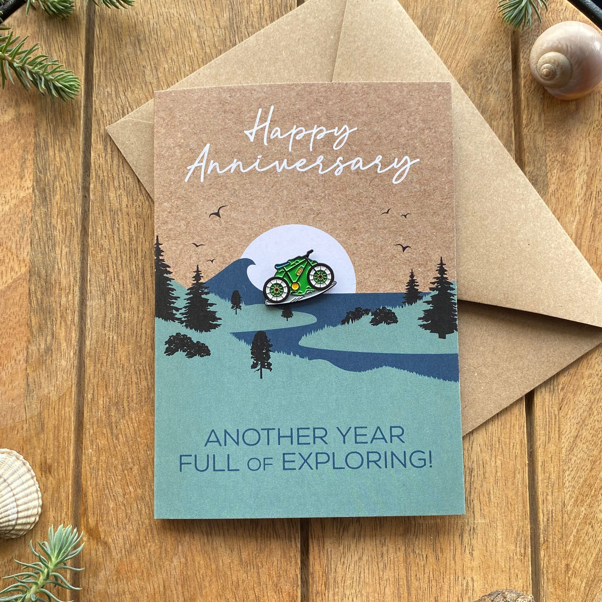 MTB Mountain Biking Anniversary Card for Travel Couple with keepsake Enamel Pin Badge - WanderbugUK