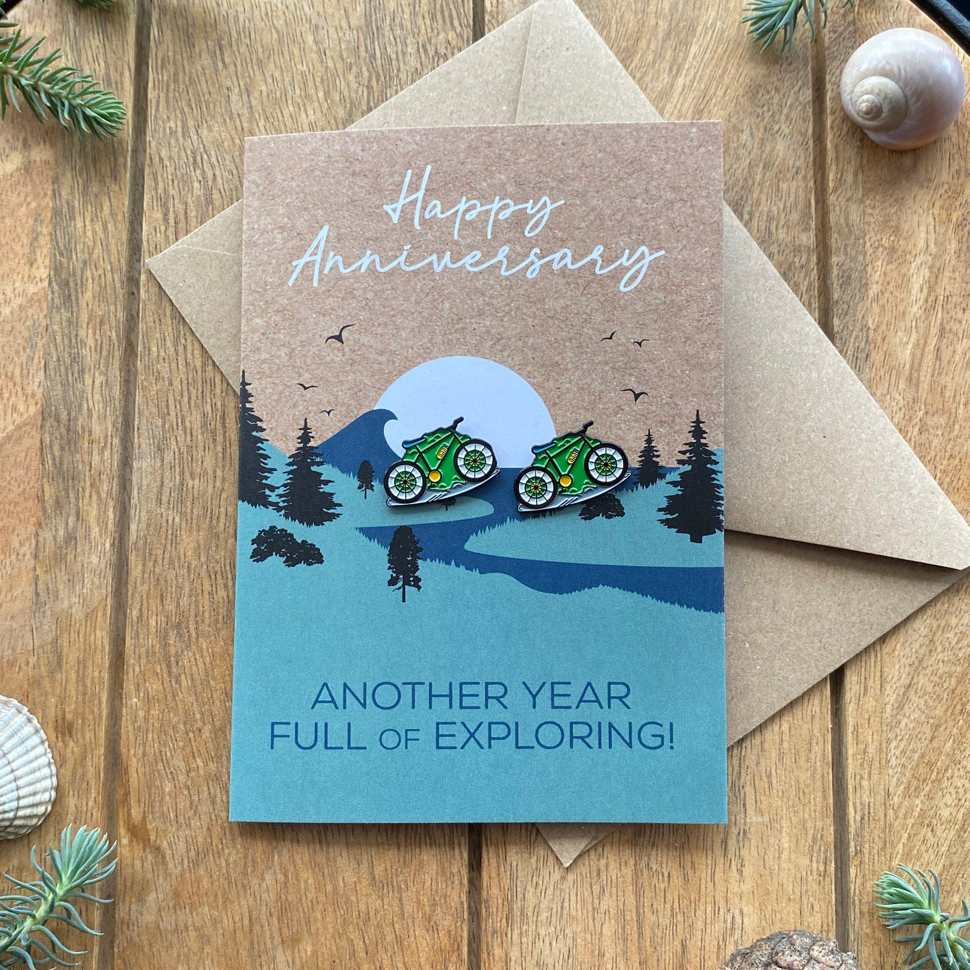 MTB Mountain Biking Anniversary Card for Travel Couple with keepsake Enamel Pin Badge - WanderbugUK
