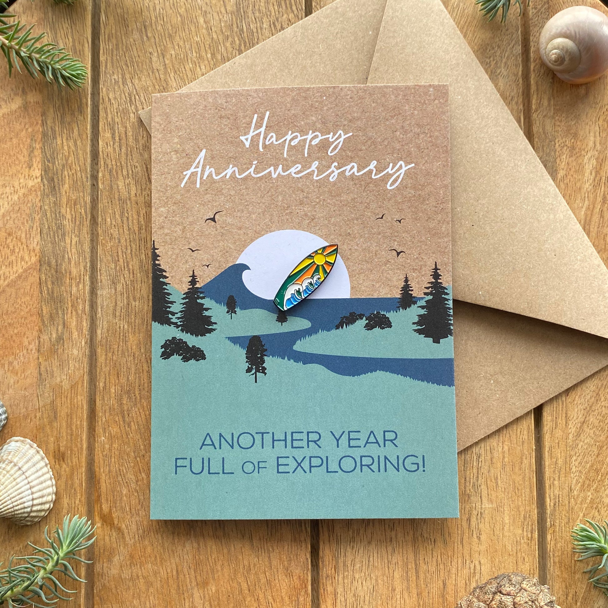 Surfing Anniversary Card for Travel Couple with keepsake Enamel Pin Badge - WanderbugUK