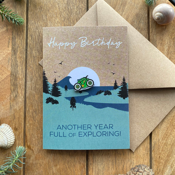 MTB Mountain Biking Birthday Card with keepsake Enamel Pin Badge - WanderbugUK