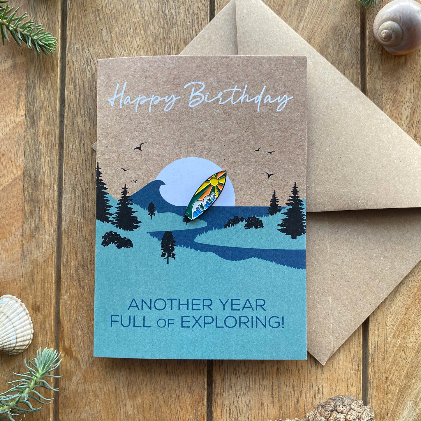 Surfing Birthday Card with keepsake Enamel Pin Badge - WanderbugUK