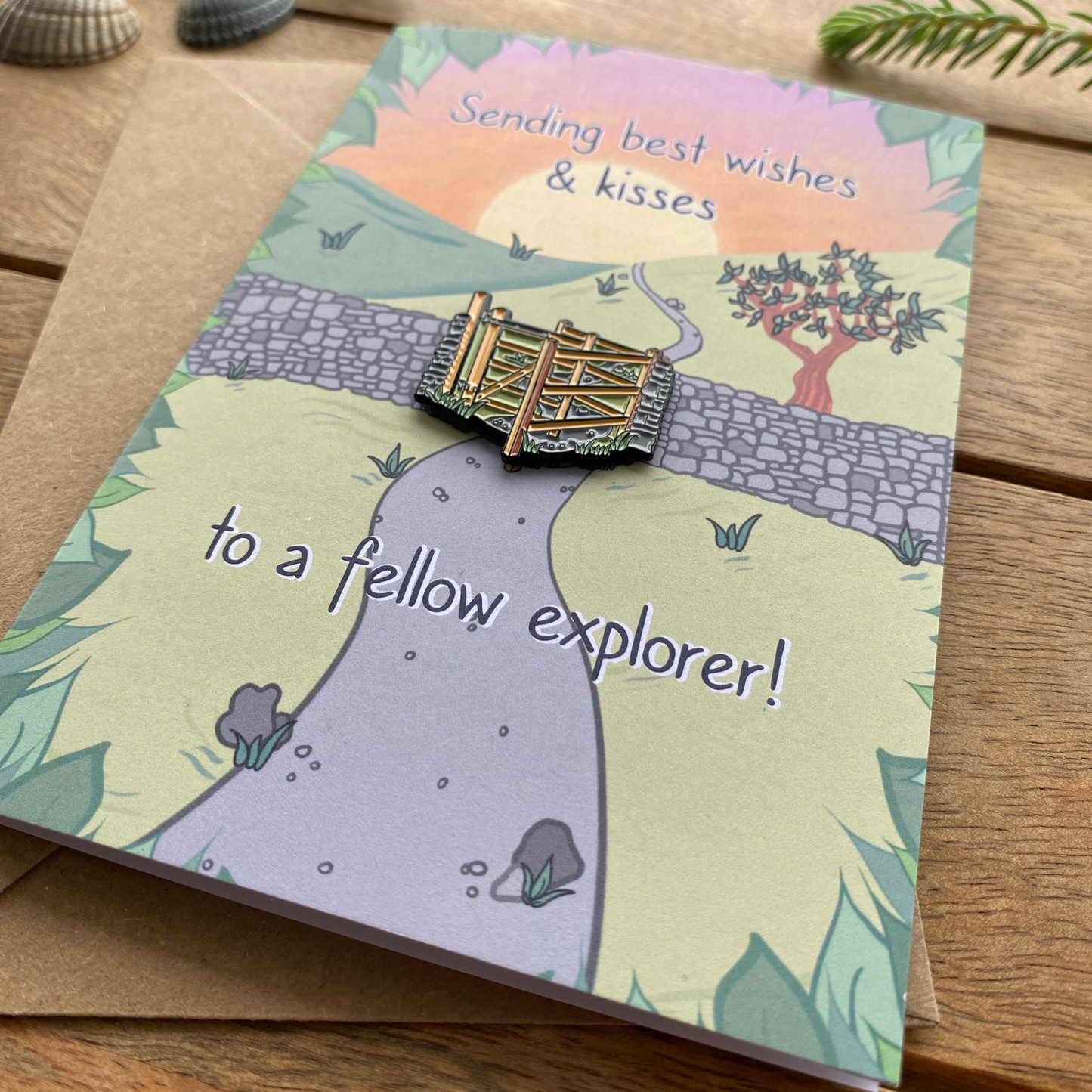 Hiker | Walker | Explorer Generic Kissing Gate Greetings Card with keepsake enamel pin