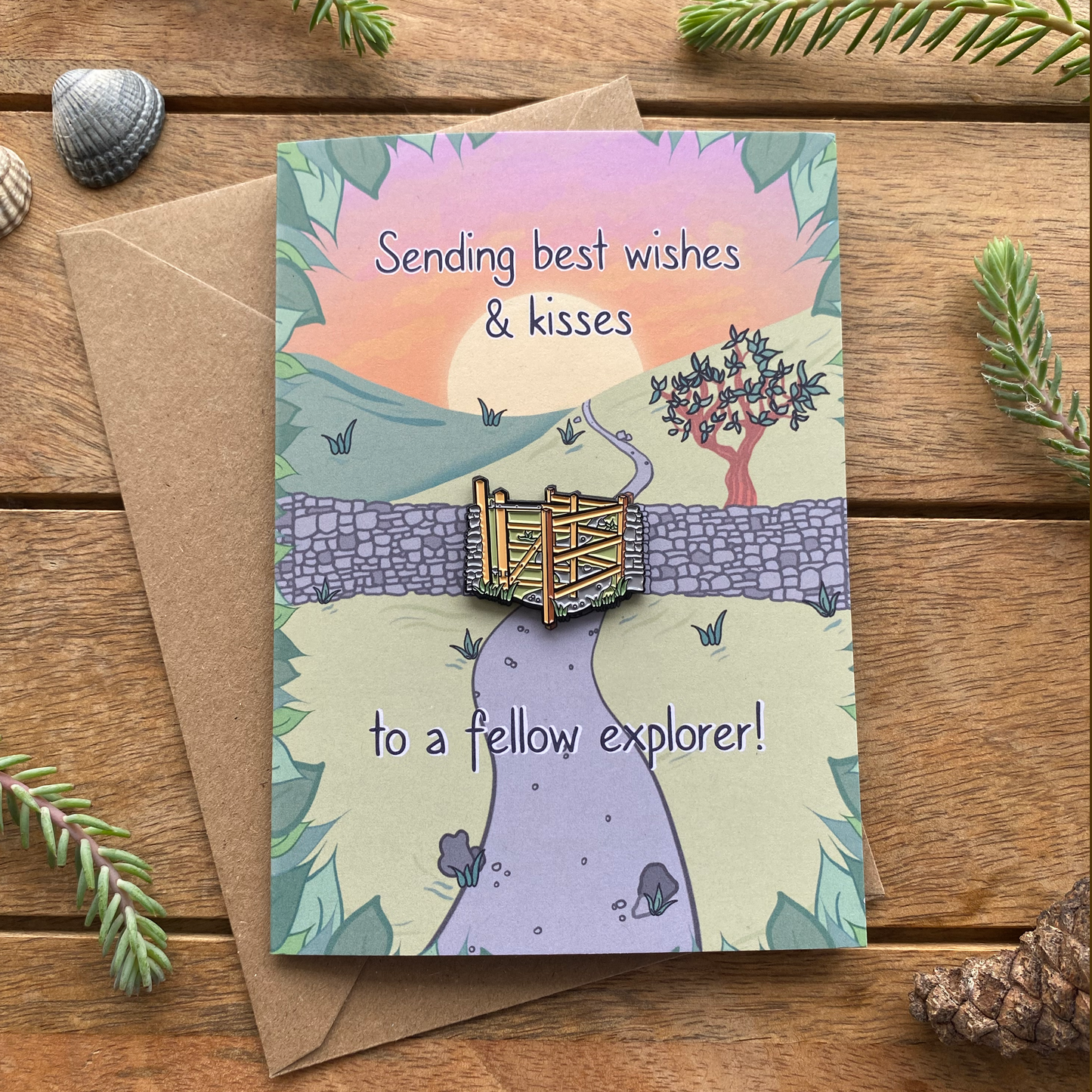 Hiker | Walker | Explorer Generic Kissing Gate Greetings Card with keepsake enamel pin