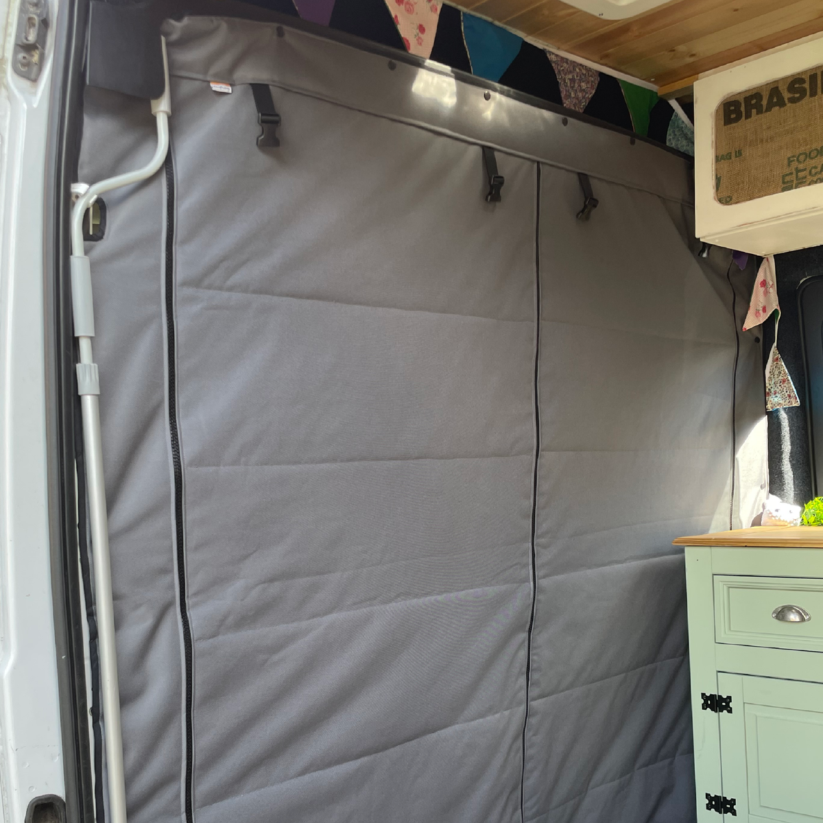 Campervan thermal hand made cab divider curtain panel roll up