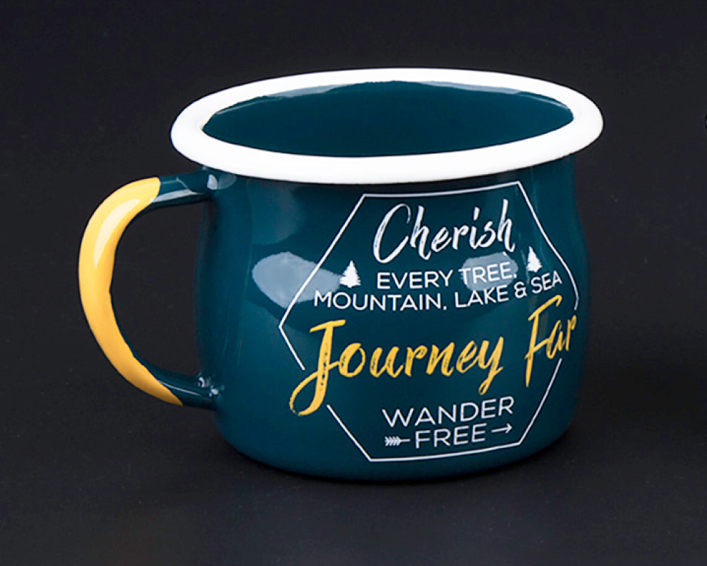 Journey Far Teal Camping Enamel Bellied Mug - WanderbugUK