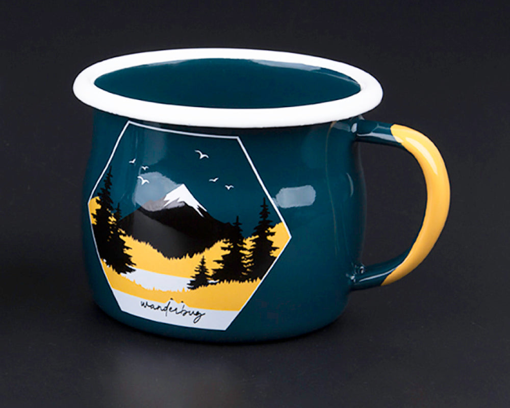 Journey Far Teal Camping Enamel Bellied Mug - WanderbugUK