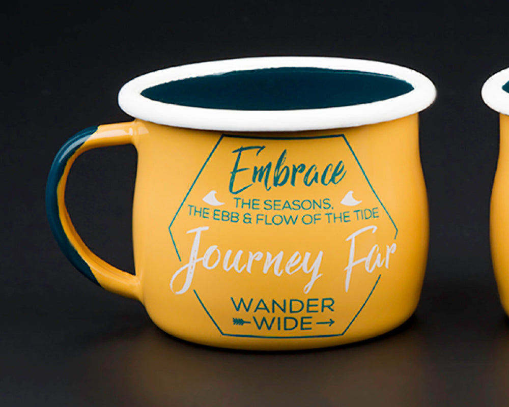 Journey Far Apricot Camping Enamel Bellied Mug - WanderbugUK