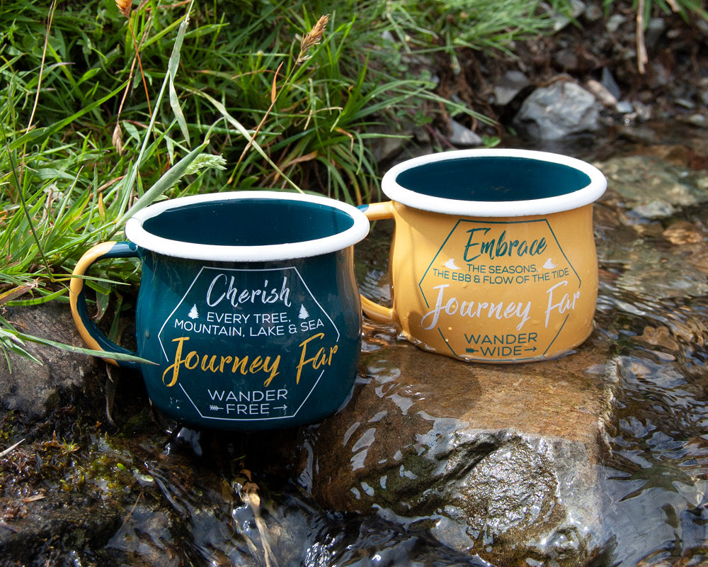 Journey Far Camping Travel Enamel Mug - Apricot - WanderbugUK