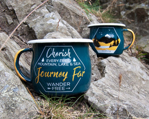 Journey Far Camping Travel Enamel Mug - Teal - WanderbugUK