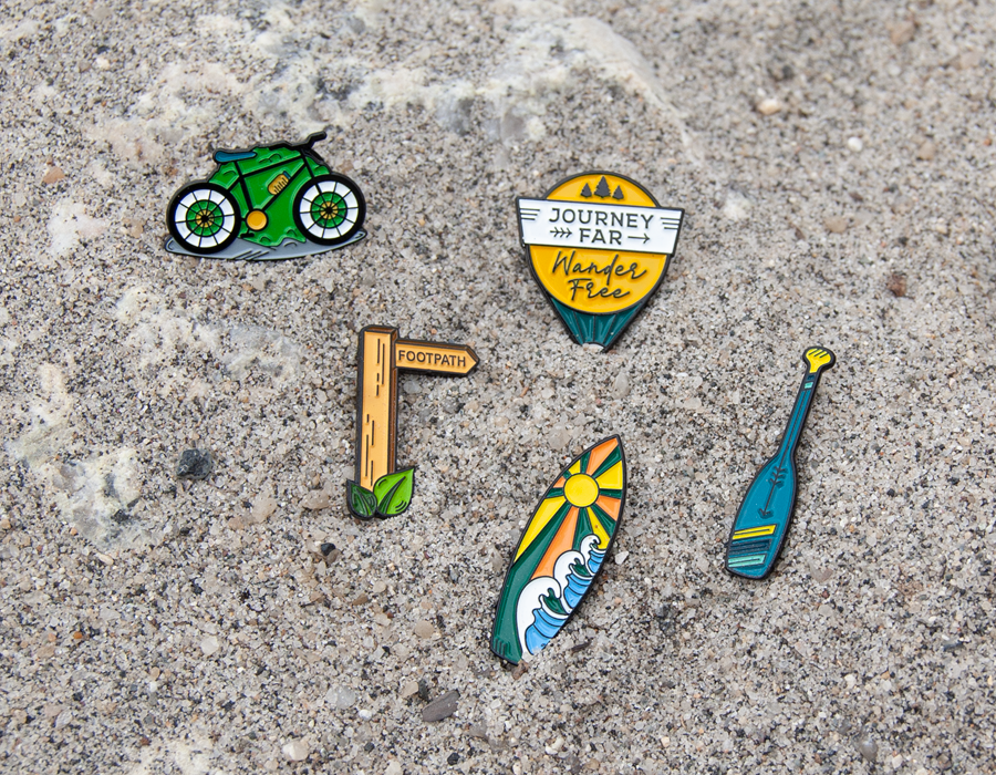 Adventure nature exploring hiking rambling cycling paddling enamel pin badges
