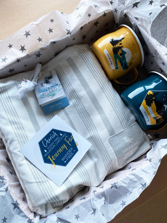 Campervan Gift Box Hamper Set - 2 x Enamel Mugs and Dock & Bay Recycled Travel Towel - WanderbugUK