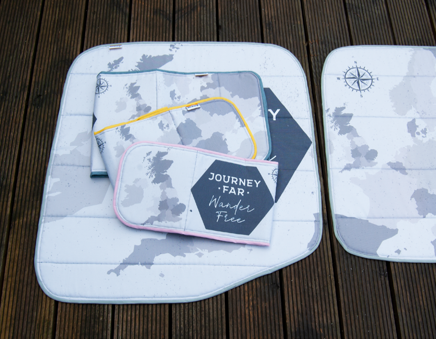 Smaller Vans - UK Drivers Rear side Campervan Window Blind Cover Set - Map (Journey Far) - WanderbugUK