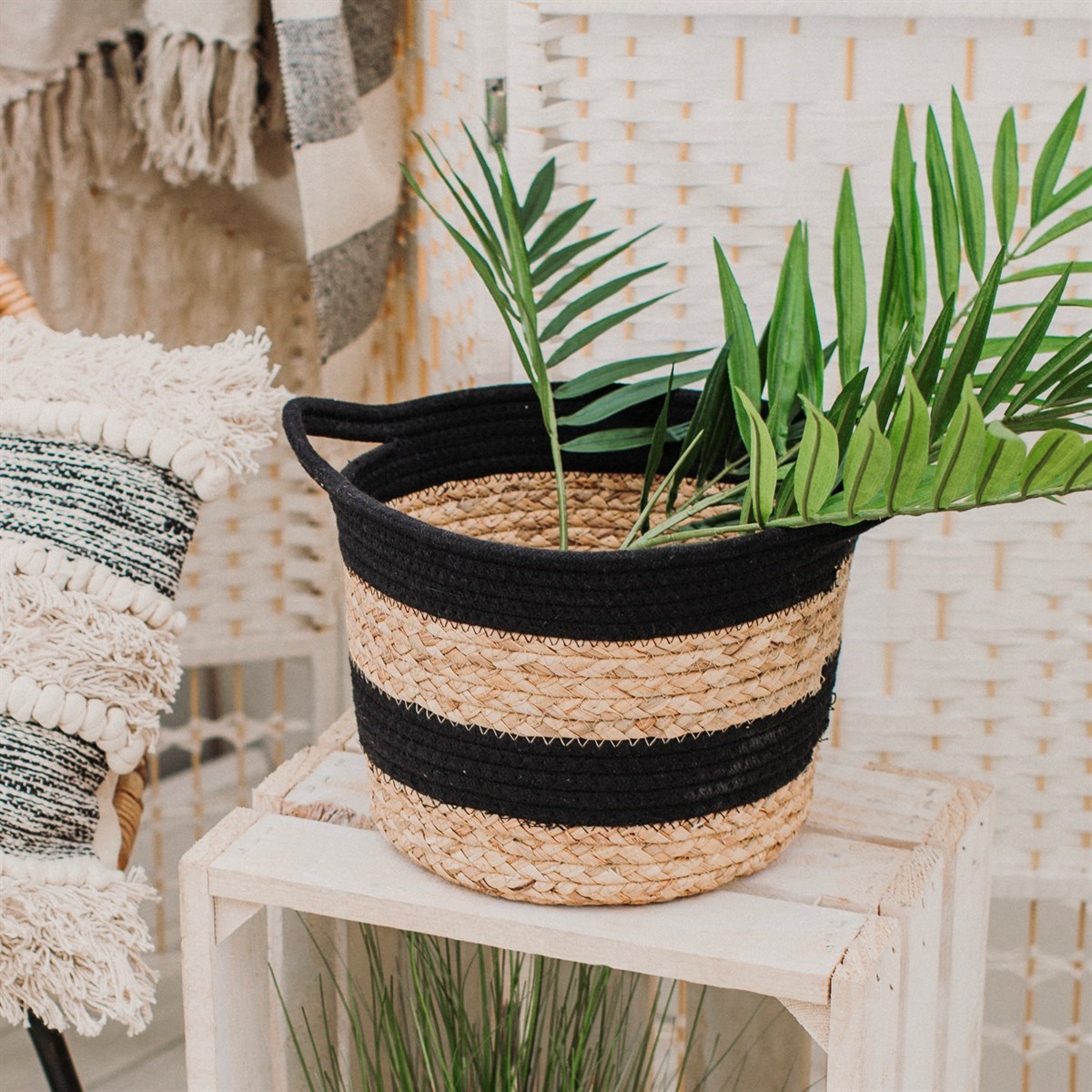 Sass & Belle Black Rope & Grass Stripe Storage Basket - WanderbugUK