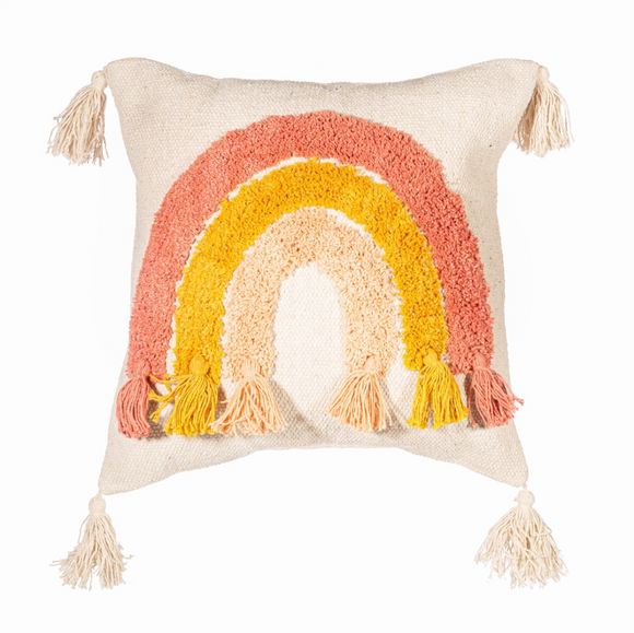 Sass & Belle Earth Rainbow Tassel Tufted Cushion - Cream, Yellow, Peach - WanderbugUK